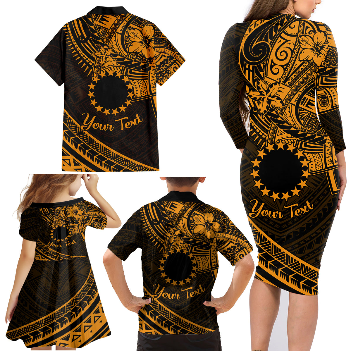 Kia Orana Cook Islands Family Matching Long Sleeve Bodycon Dress and Hawaiian Shirt Circle Stars With Floral Gold Pattern LT01 - Polynesian Pride