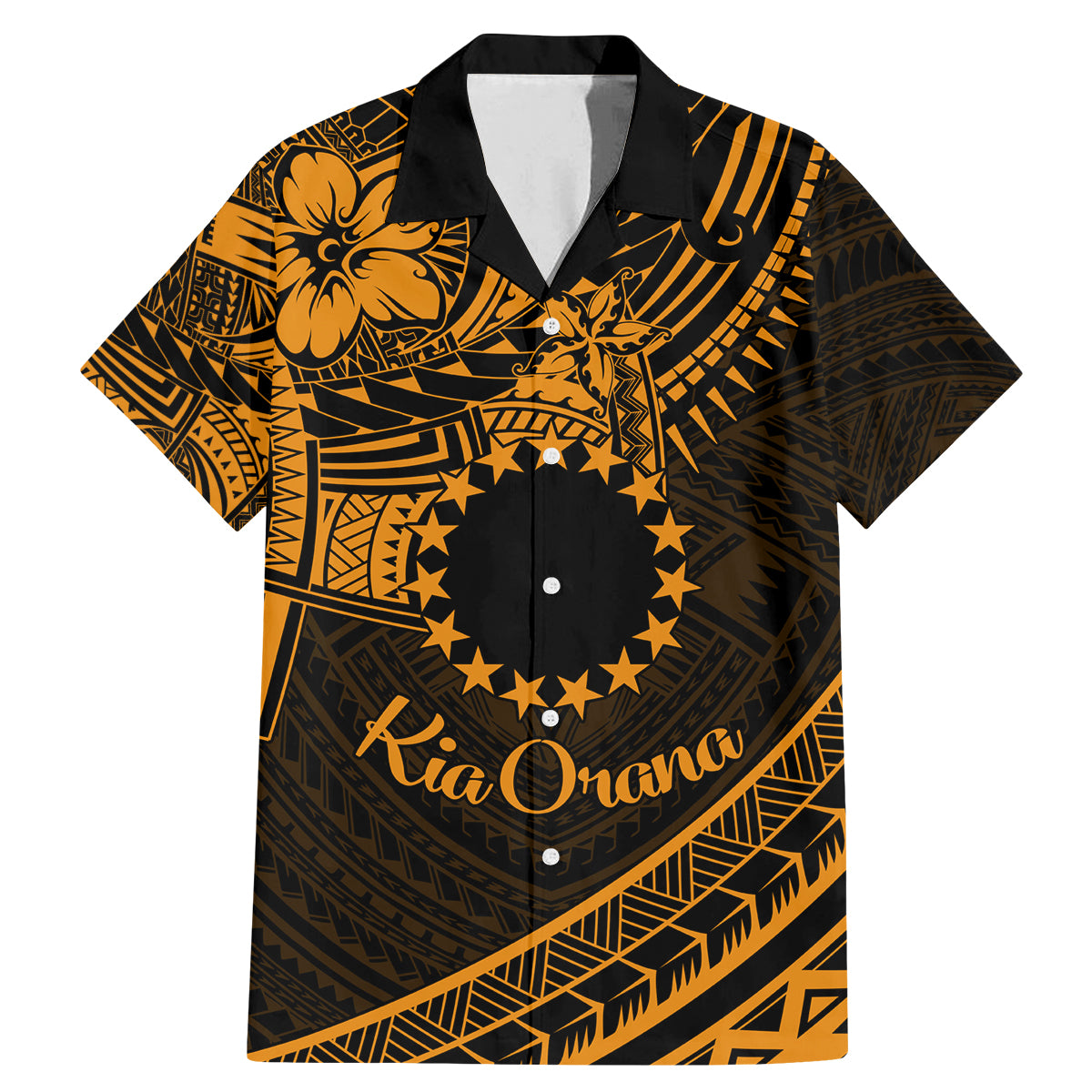 Kia Orana Cook Islands Family Matching Mermaid Dress and Hawaiian Shirt Circle Stars With Floral Gold Pattern LT01 Dad's Shirt - Short Sleeve Gold - Polynesian Pride