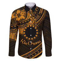 Kia Orana Cook Islands Family Matching Mermaid Dress and Hawaiian Shirt Circle Stars With Floral Gold Pattern LT01 Dad's Shirt - Long Sleeve Gold - Polynesian Pride
