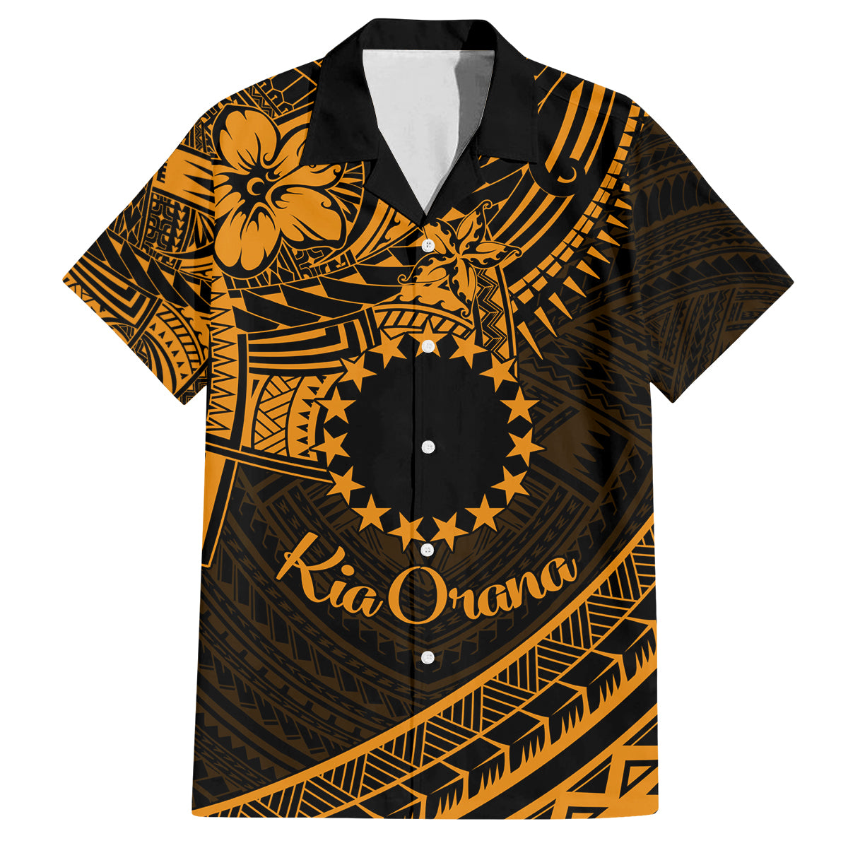 Kia Orana Cook Islands Family Matching Off Shoulder Long Sleeve Dress and Hawaiian Shirt Circle Stars With Floral Gold Pattern LT01 Dad's Shirt - Short Sleeve Gold - Polynesian Pride