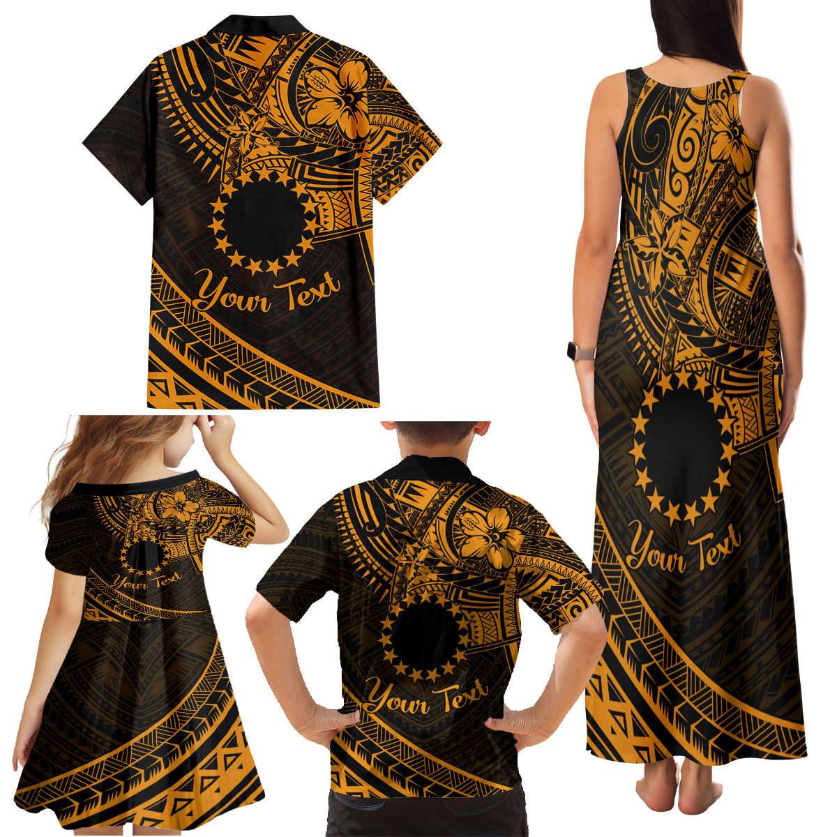 Kia Orana Cook Islands Family Matching Tank Maxi Dress and Hawaiian Shirt Circle Stars With Floral Gold Pattern LT01 - Polynesian Pride