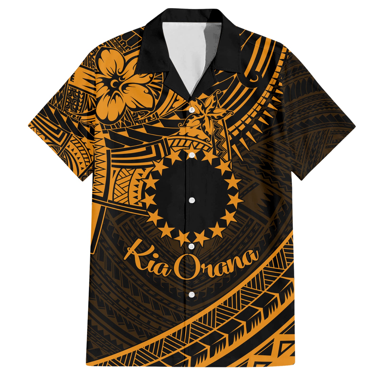 Kia Orana Cook Islands Hawaiian Shirt Circle Stars With Floral Gold Pattern LT01 Gold - Polynesian Pride