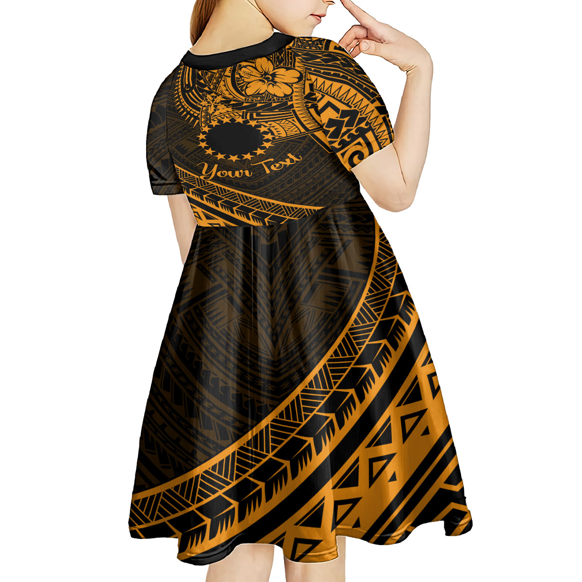 Kia Orana Cook Islands Kid Short Sleeve Dress Circle Stars With Floral Gold Pattern LT01 - Polynesian Pride