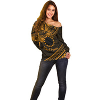 Kia Orana Cook Islands Off Shoulder Sweater Circle Stars With Floral Gold Pattern LT01 - Polynesian Pride
