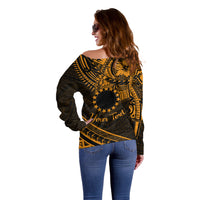 Kia Orana Cook Islands Off Shoulder Sweater Circle Stars With Floral Gold Pattern LT01 - Polynesian Pride