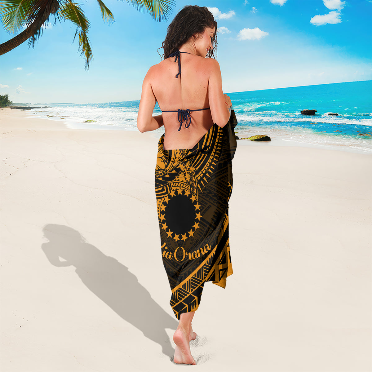 Kia Orana Cook Islands Sarong Circle Stars With Floral Gold Pattern LT01 - Polynesian Pride