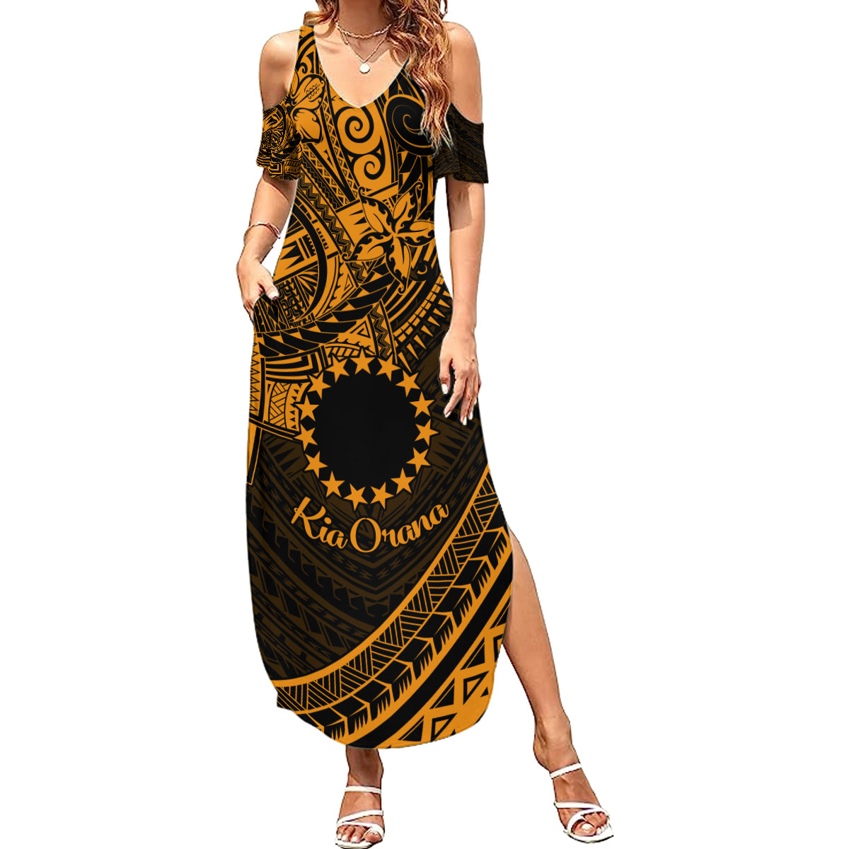 Kia Orana Cook Islands Summer Maxi Dress Circle Stars With Floral Gold Pattern LT01 Women Gold - Polynesian Pride