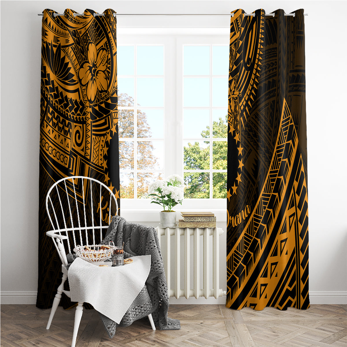Kia Orana Cook Islands Window Curtain Circle Stars With Floral Gold Pattern LT01 - Polynesian Pride