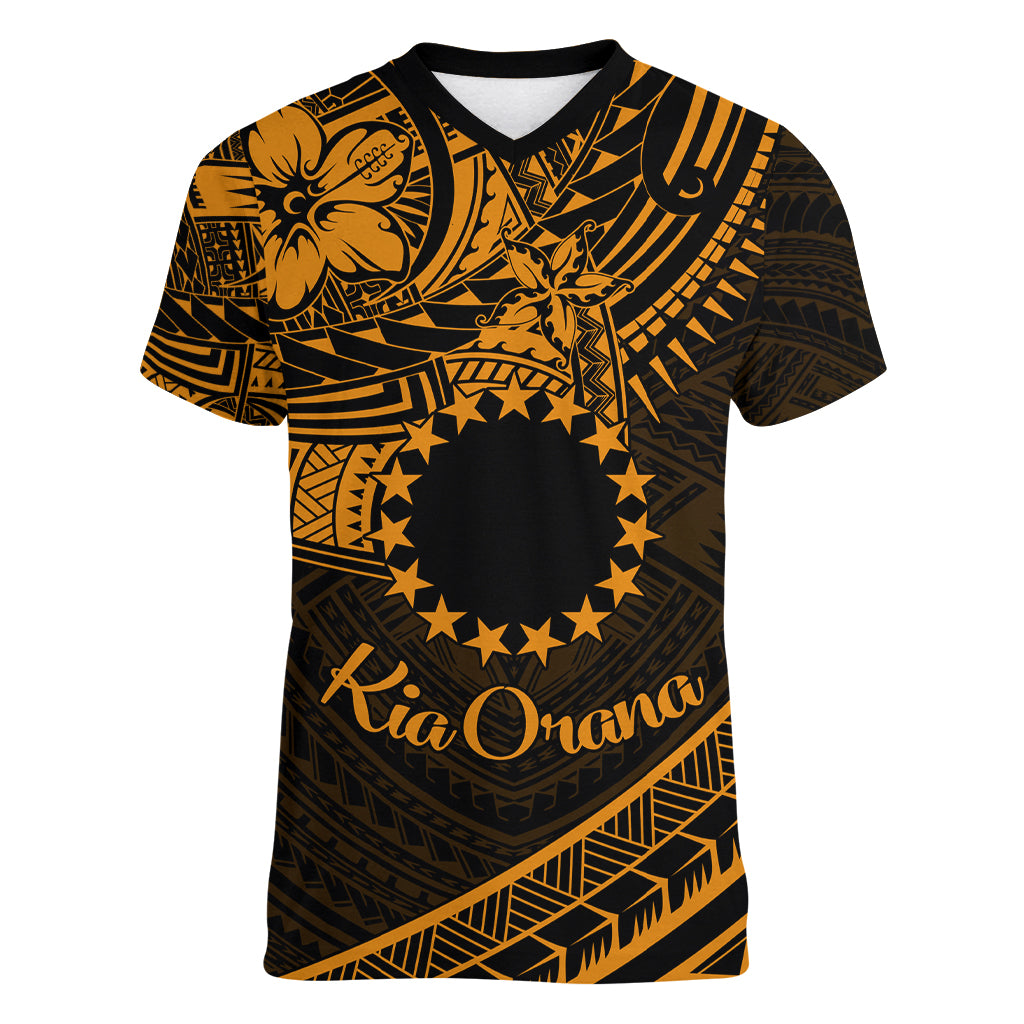 Kia Orana Cook Islands Women V Neck T Shirt Circle Stars With Floral Gold Pattern LT01 Female Gold - Polynesian Pride