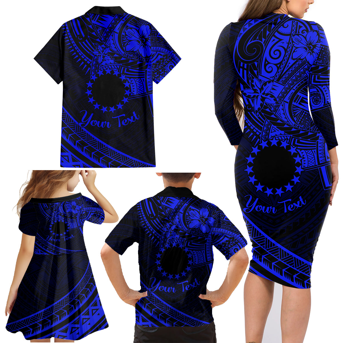 Kia Orana Cook Islands Family Matching Long Sleeve Bodycon Dress and Hawaiian Shirt Circle Stars With Floral Navy Blue Pattern LT01 - Polynesian Pride