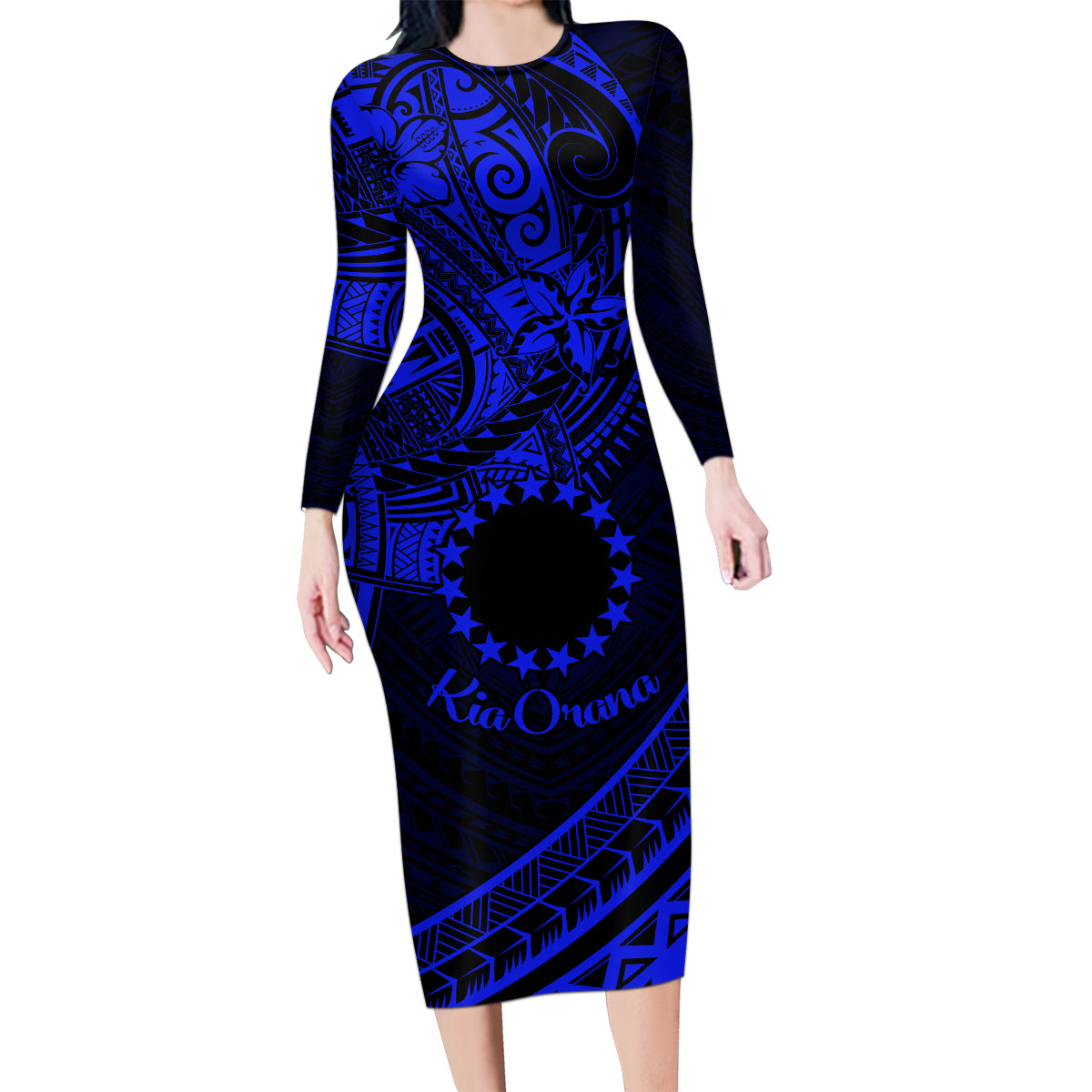 Kia Orana Cook Islands Family Matching Long Sleeve Bodycon Dress and Hawaiian Shirt Circle Stars With Floral Navy Blue Pattern LT01 Mom's Dress Blue - Polynesian Pride