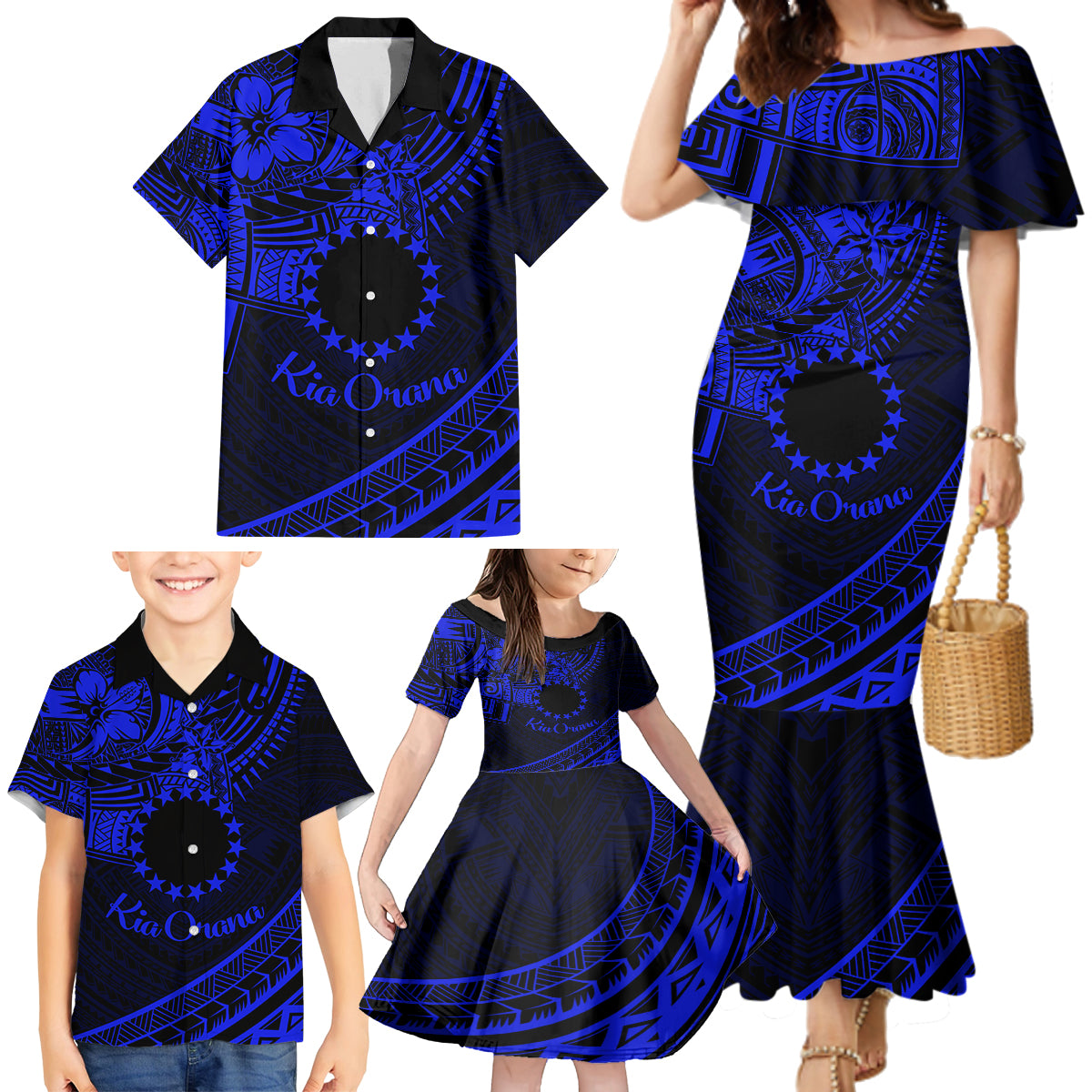 Kia Orana Cook Islands Family Matching Mermaid Dress and Hawaiian Shirt Circle Stars With Floral Navy Blue Pattern LT01 - Polynesian Pride