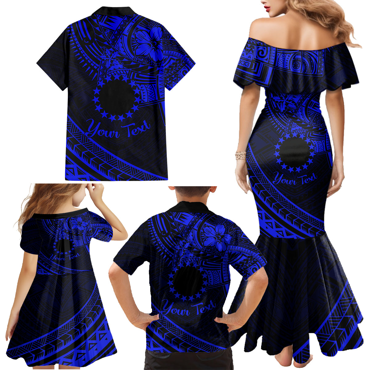 Kia Orana Cook Islands Family Matching Mermaid Dress and Hawaiian Shirt Circle Stars With Floral Navy Blue Pattern LT01 - Polynesian Pride
