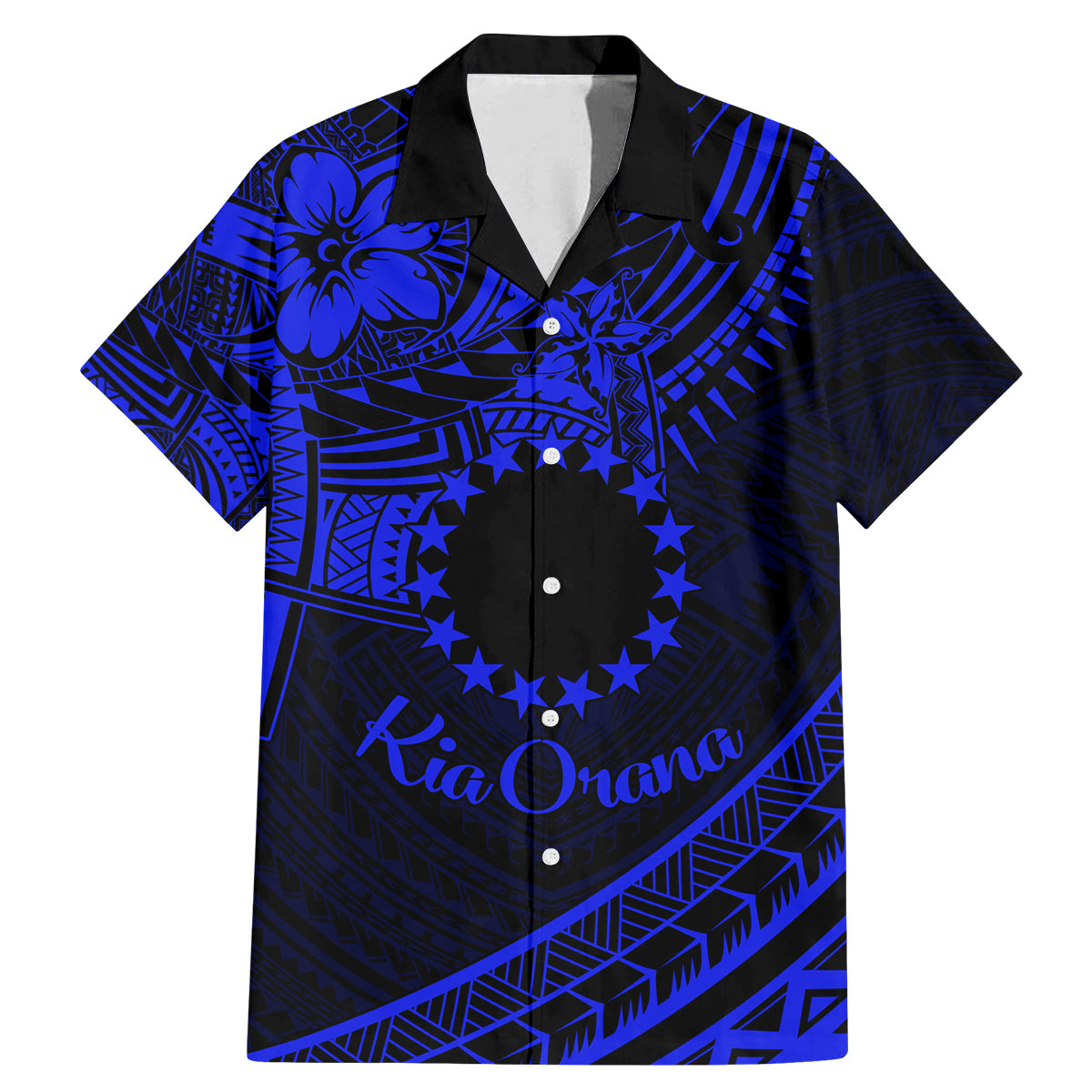 Kia Orana Cook Islands Family Matching Mermaid Dress and Hawaiian Shirt Circle Stars With Floral Navy Blue Pattern LT01 Dad's Shirt - Short Sleeve Blue - Polynesian Pride