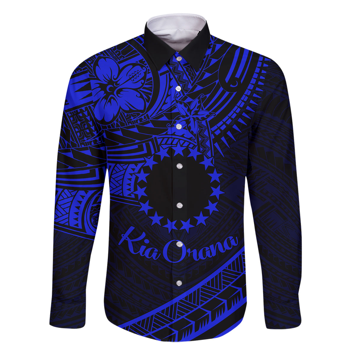 Kia Orana Cook Islands Family Matching Off Shoulder Long Sleeve Dress and Hawaiian Shirt Circle Stars With Floral Navy Blue Pattern LT01 Dad's Shirt - Long Sleeve Blue - Polynesian Pride