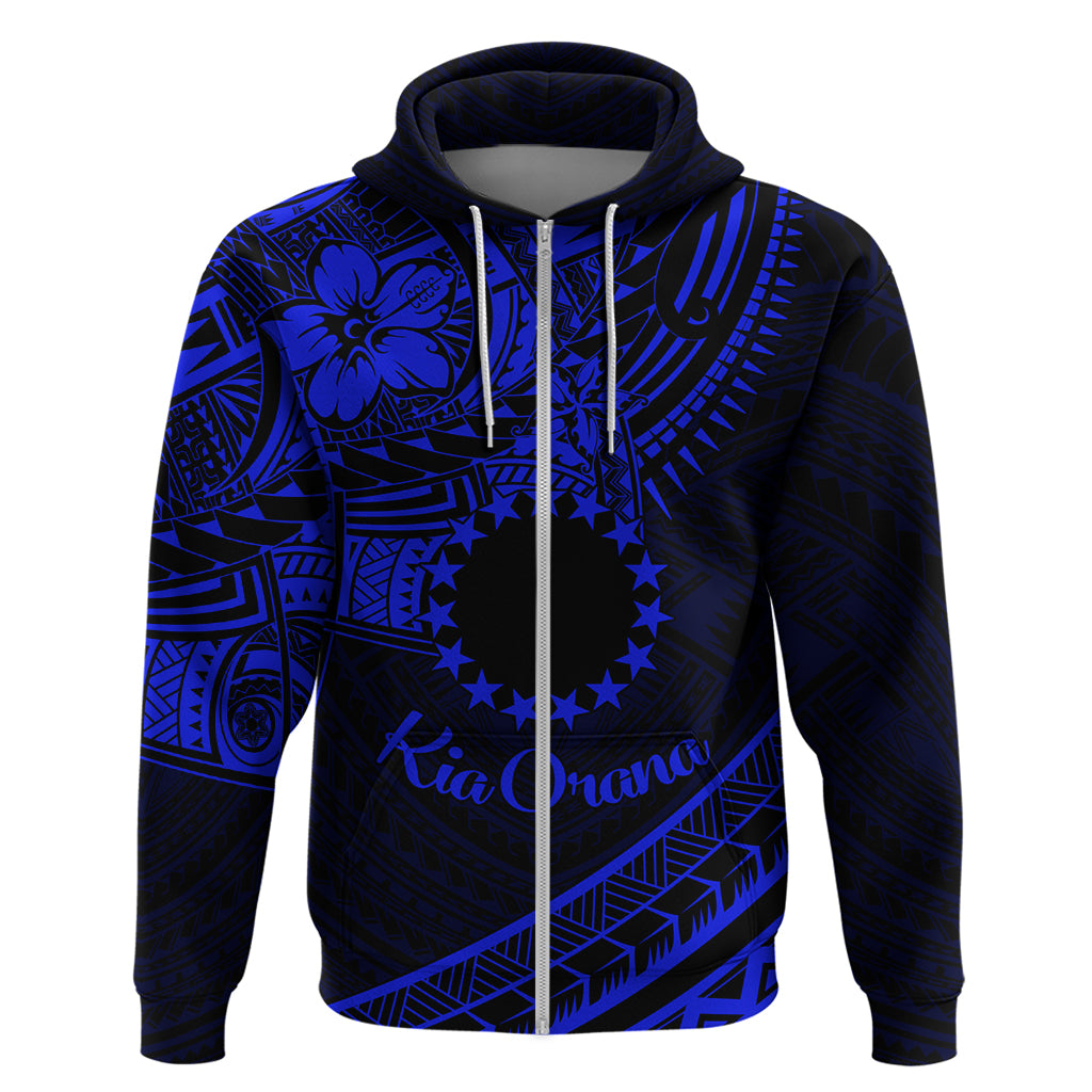 Kia Orana Cook Islands Hoodie Circle Stars With Floral Navy Blue Pattern LT01 Zip Hoodie Blue - Polynesian Pride