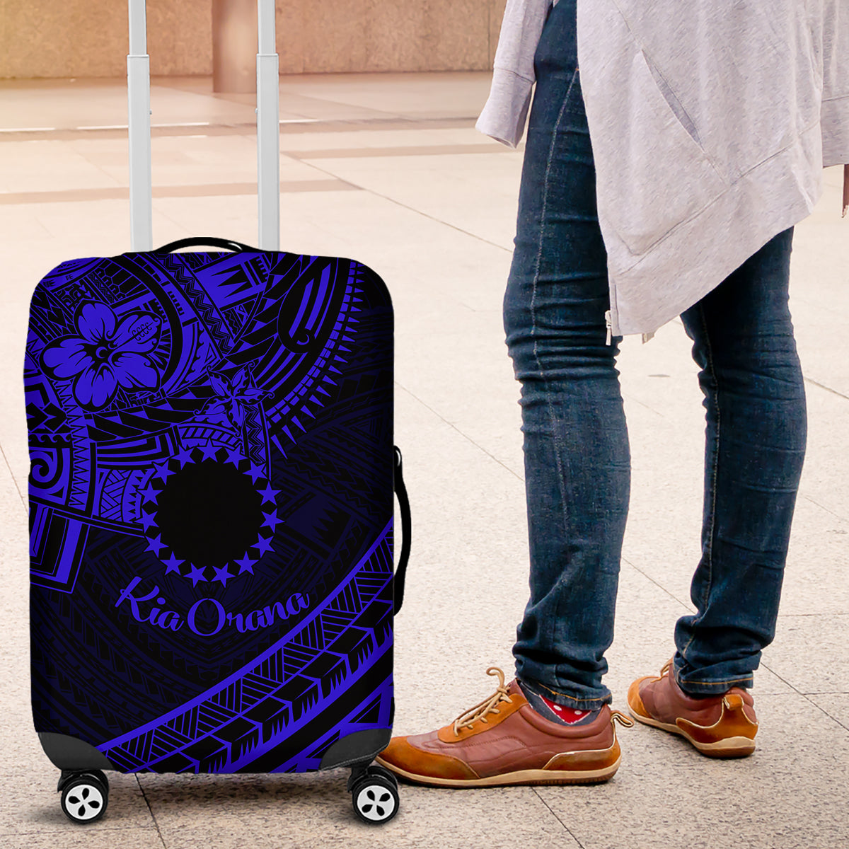 Kia Orana Cook Islands Luggage Cover Circle Stars With Floral Navy Blue Pattern LT01 Blue - Polynesian Pride