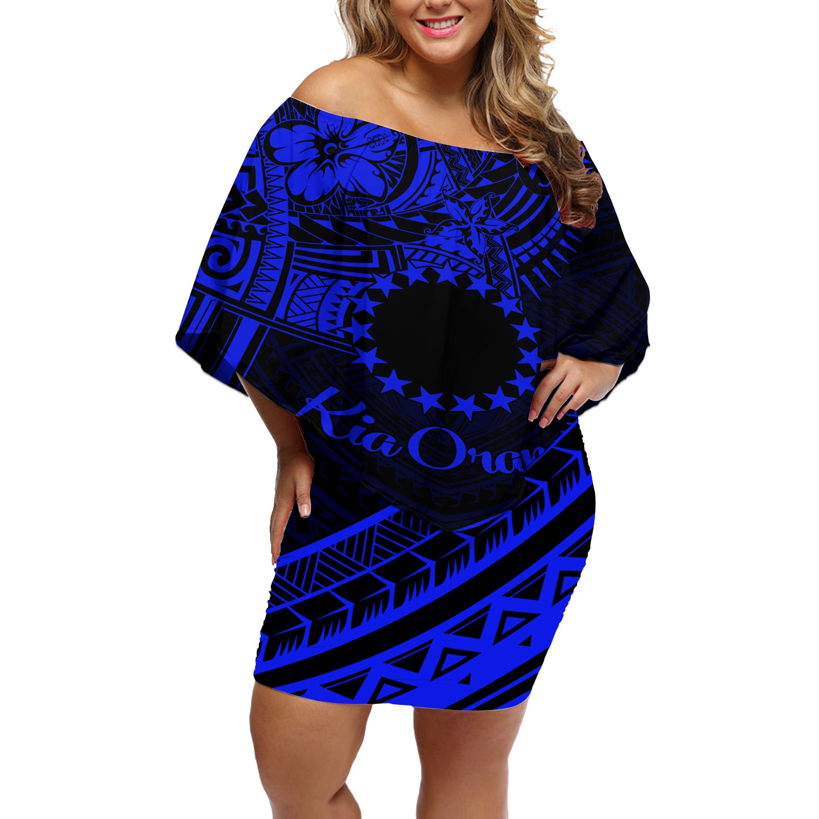 Kia Orana Cook Islands Off Shoulder Short Dress Circle Stars With Floral Navy Blue Pattern LT01 Women Blue - Polynesian Pride