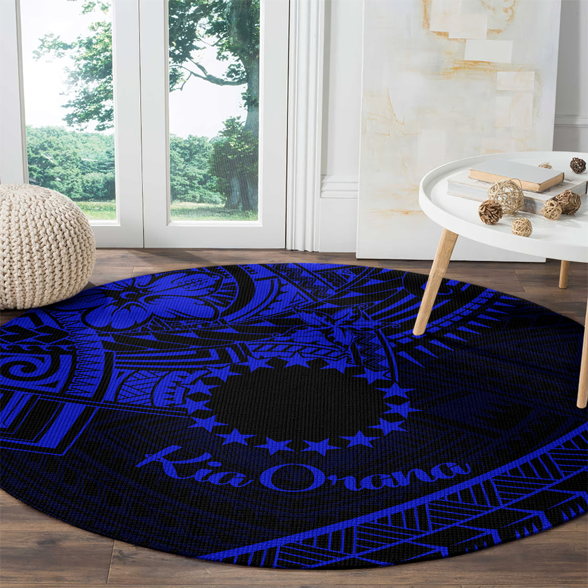 Kia Orana Cook Islands Round Carpet Circle Stars With Floral Navy Blue Pattern LT01 - Polynesian Pride