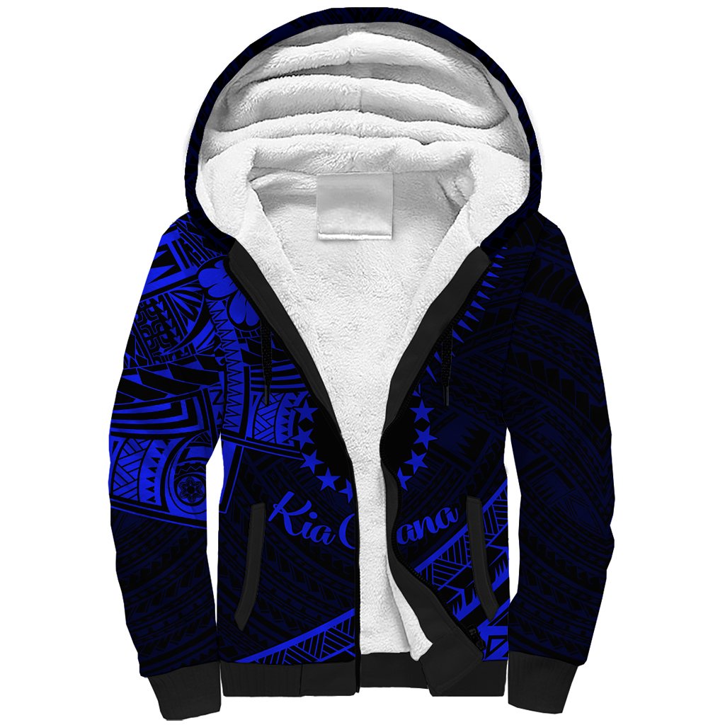 Kia Orana Cook Islands Sherpa Hoodie Circle Stars With Floral Navy Blue Pattern LT01 Unisex Blue - Polynesian Pride