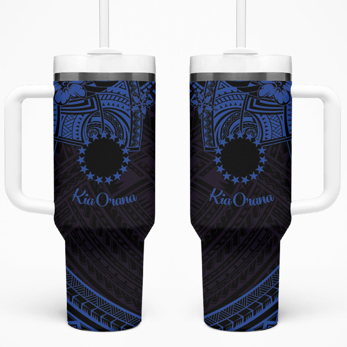 Kia Orana Cook Islands Tumbler With Handle Circle Stars With Floral Navy Blue Pattern