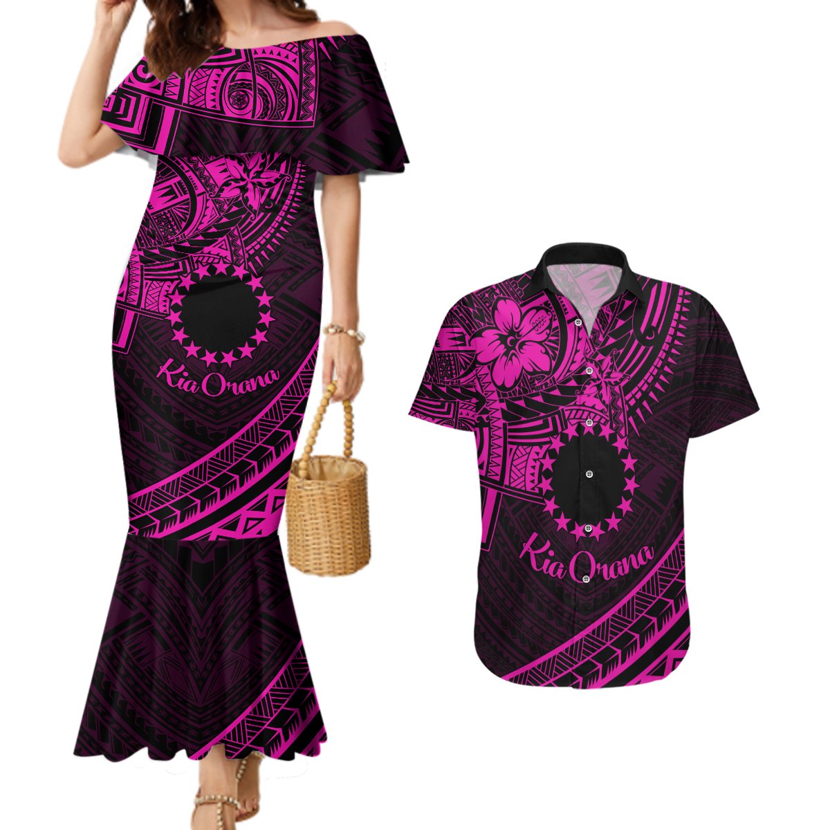 Kia Orana Cook Islands Couples Matching Mermaid Dress and Hawaiian Shirt Circle Stars With Floral Pink Pattern LT01 Pink - Polynesian Pride