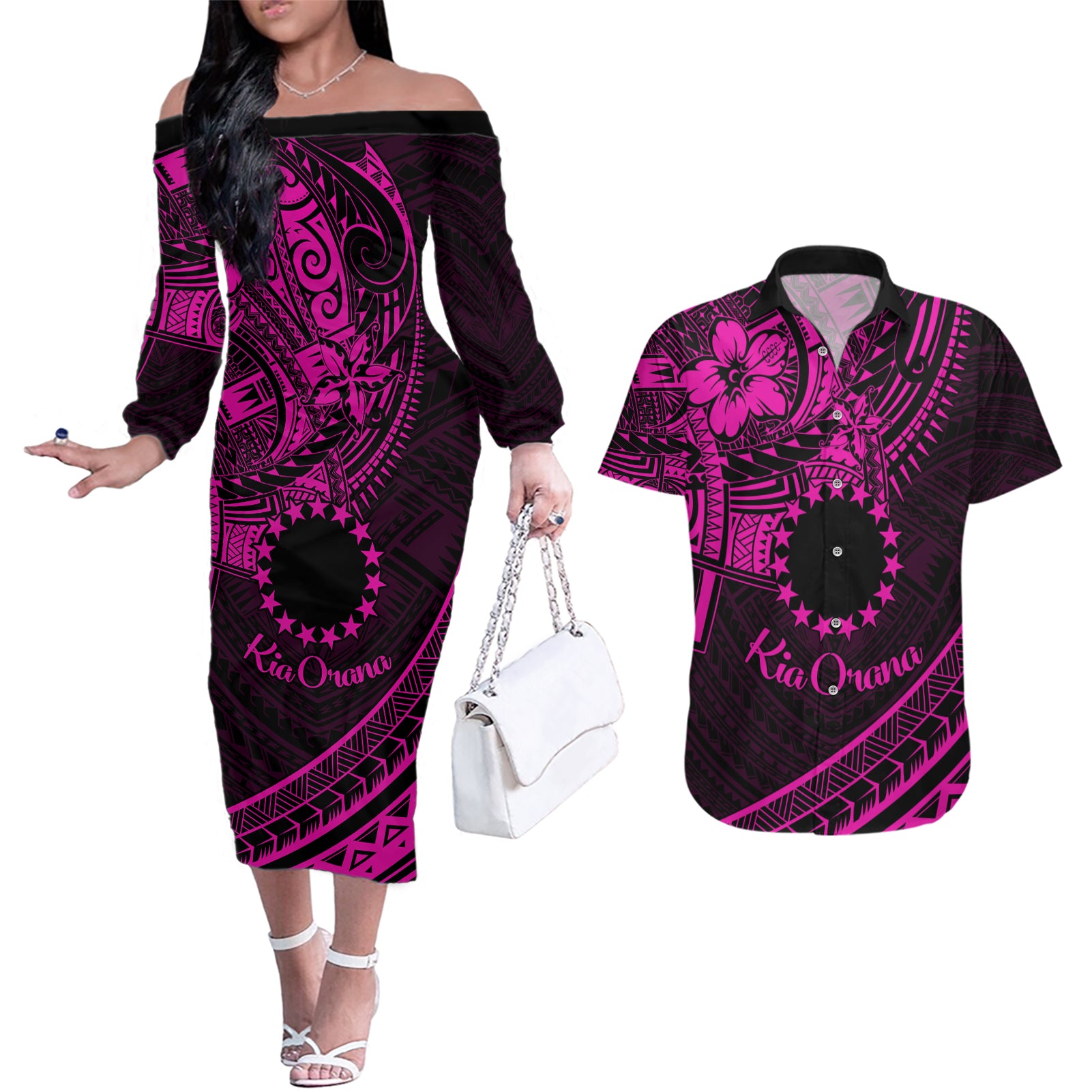 Kia Orana Cook Islands Couples Matching Off The Shoulder Long Sleeve Dress and Hawaiian Shirt Circle Stars With Floral Pink Pattern LT01 Pink - Polynesian Pride