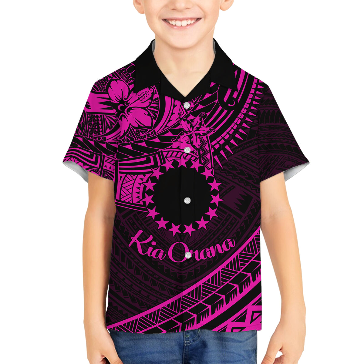 Kia Orana Cook Islands Family Matching Long Sleeve Bodycon Dress and Hawaiian Shirt Circle Stars With Floral Pink Pattern LT01 Son's Shirt Pink - Polynesian Pride