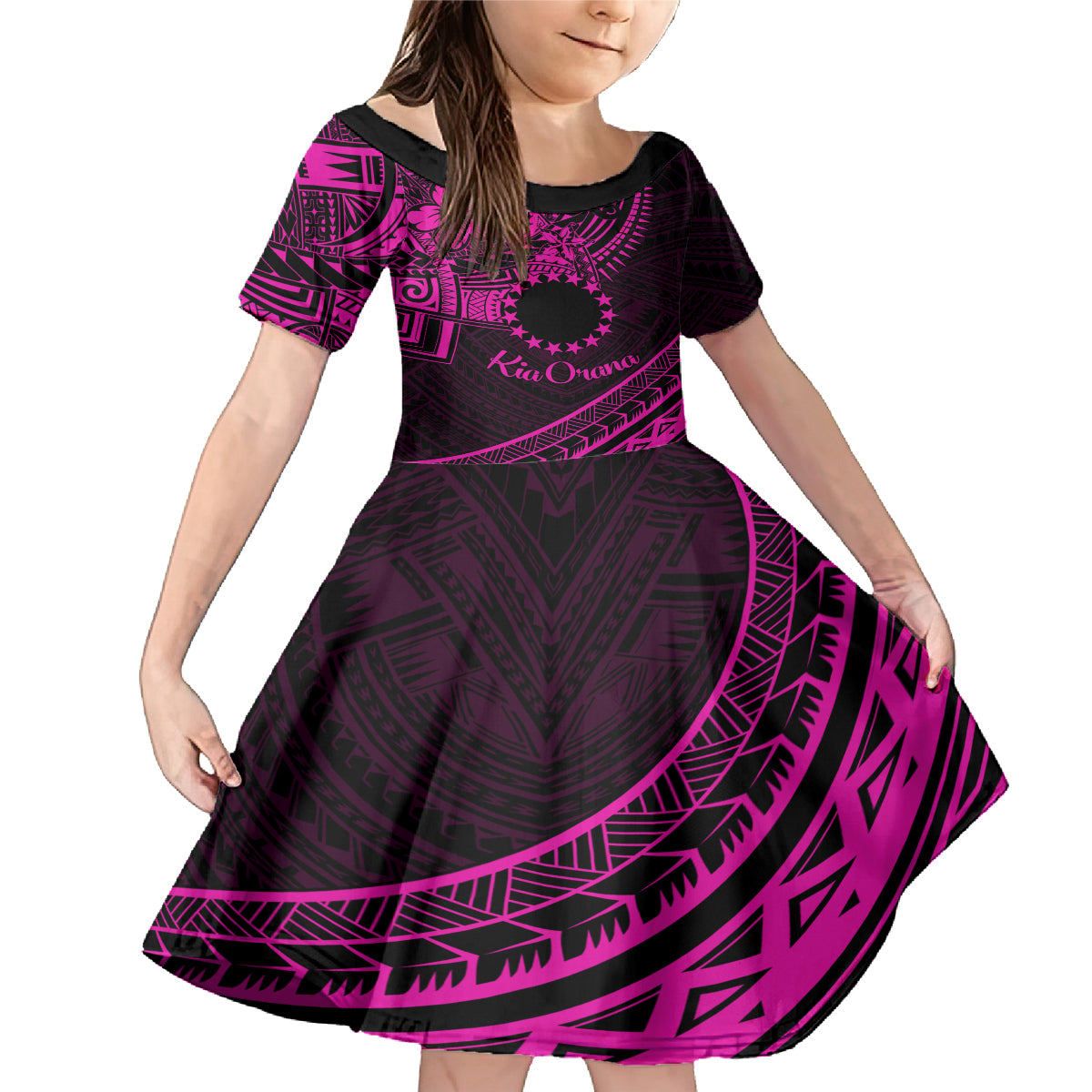Kia Orana Cook Islands Family Matching Mermaid Dress and Hawaiian Shirt Circle Stars With Floral Pink Pattern LT01 Daughter's Dress Pink - Polynesian Pride