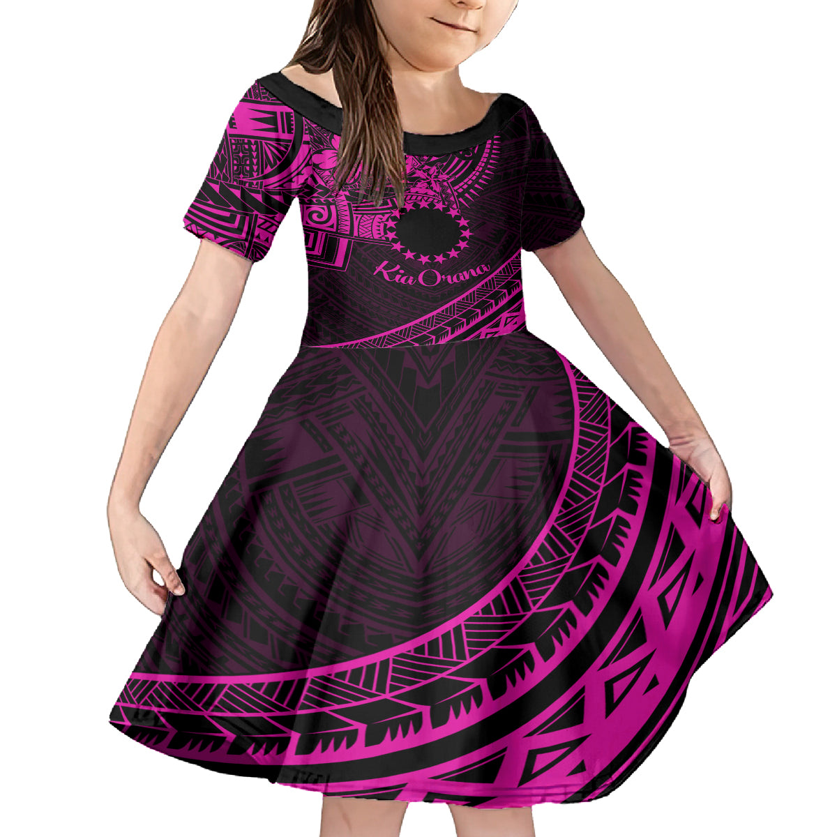Kia Orana Cook Islands Family Matching Puletasi Dress and Hawaiian Shirt Circle Stars With Floral Pink Pattern LT01 Daughter's Dress Pink - Polynesian Pride