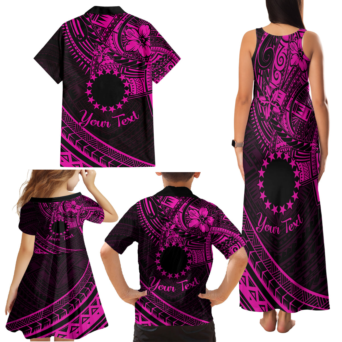 Kia Orana Cook Islands Family Matching Tank Maxi Dress and Hawaiian Shirt Circle Stars With Floral Pink Pattern LT01 - Polynesian Pride
