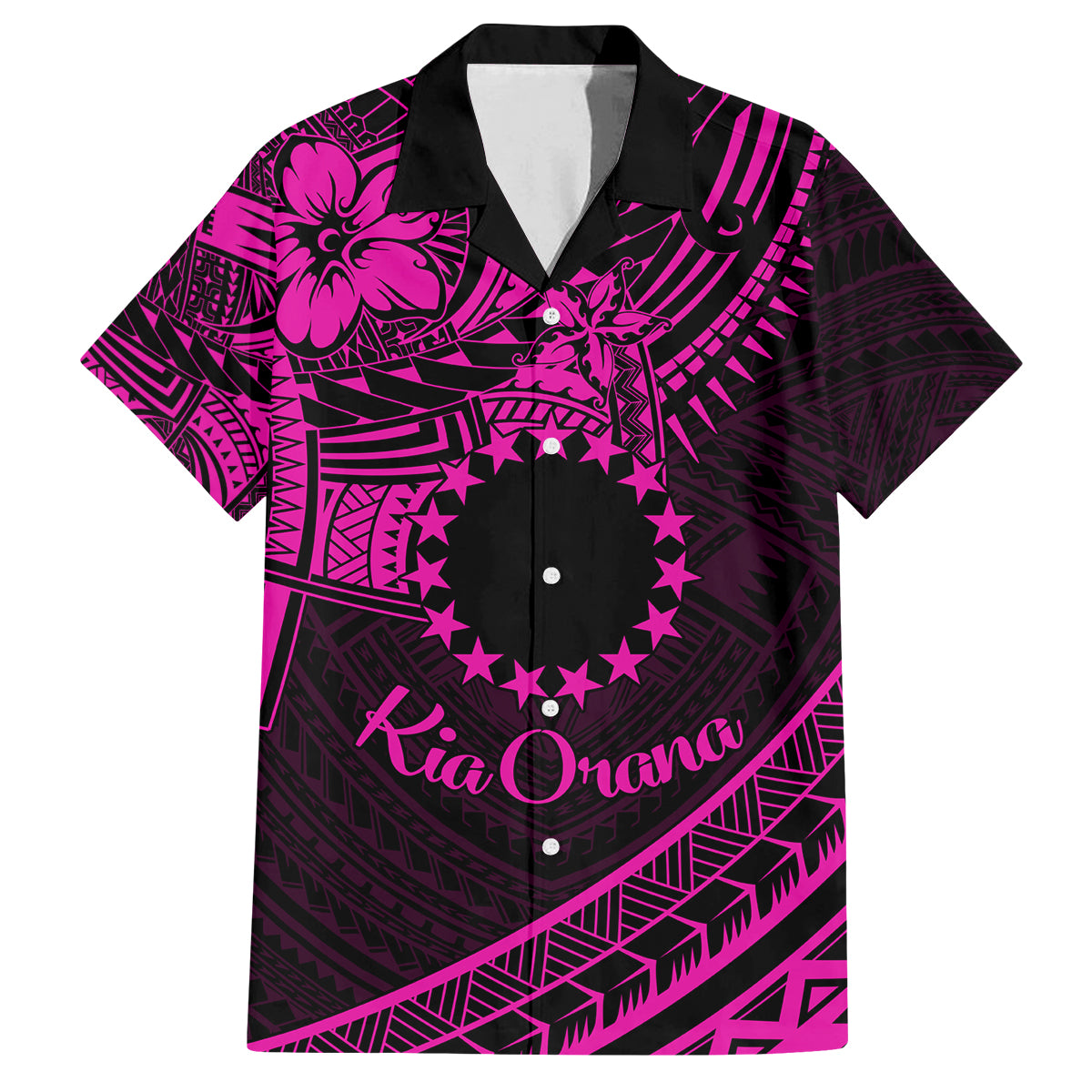 Kia Orana Cook Islands Family Matching Tank Maxi Dress and Hawaiian Shirt Circle Stars With Floral Pink Pattern LT01 Dad's Shirt - Short Sleeve Pink - Polynesian Pride