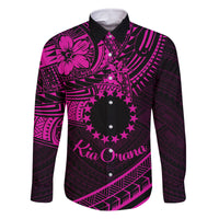 Kia Orana Cook Islands Family Matching Tank Maxi Dress and Hawaiian Shirt Circle Stars With Floral Pink Pattern LT01 Dad's Shirt - Long Sleeve Pink - Polynesian Pride
