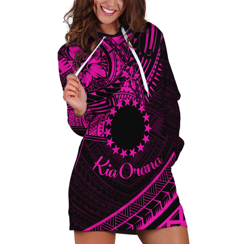 Kia Orana Cook Islands Hoodie Dress Circle Stars With Floral Pink Pattern LT01 Pink - Polynesian Pride