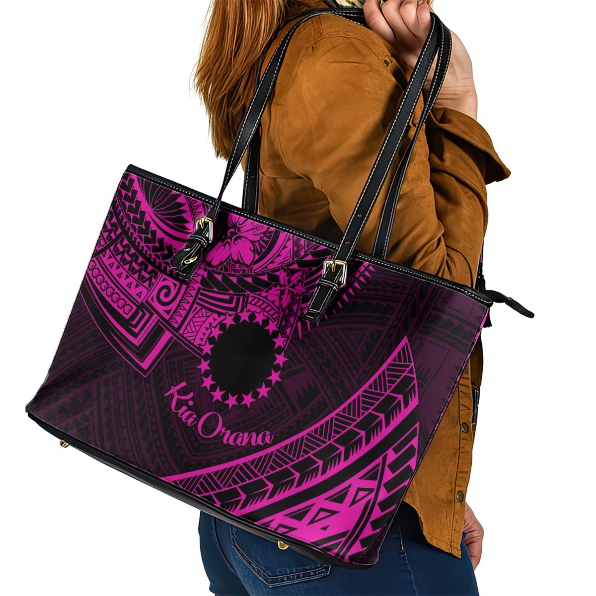 Kia Orana Cook Islands Leather Tote Bag Circle Stars With Floral Pink Pattern LT01 - Polynesian Pride