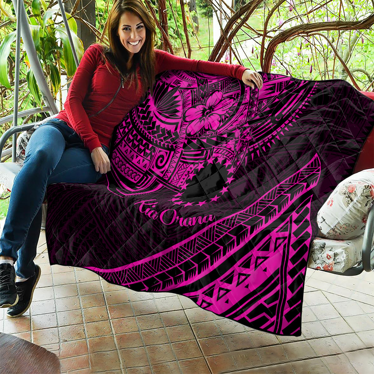 Kia Orana Cook Islands Quilt Circle Stars With Floral Pink Pattern LT01 - Polynesian Pride
