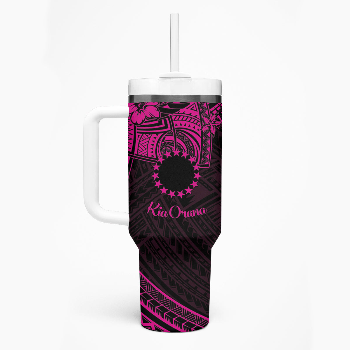 Kia Orana Cook Islands Tumbler With Handle Circle Stars With Floral Pink Pattern