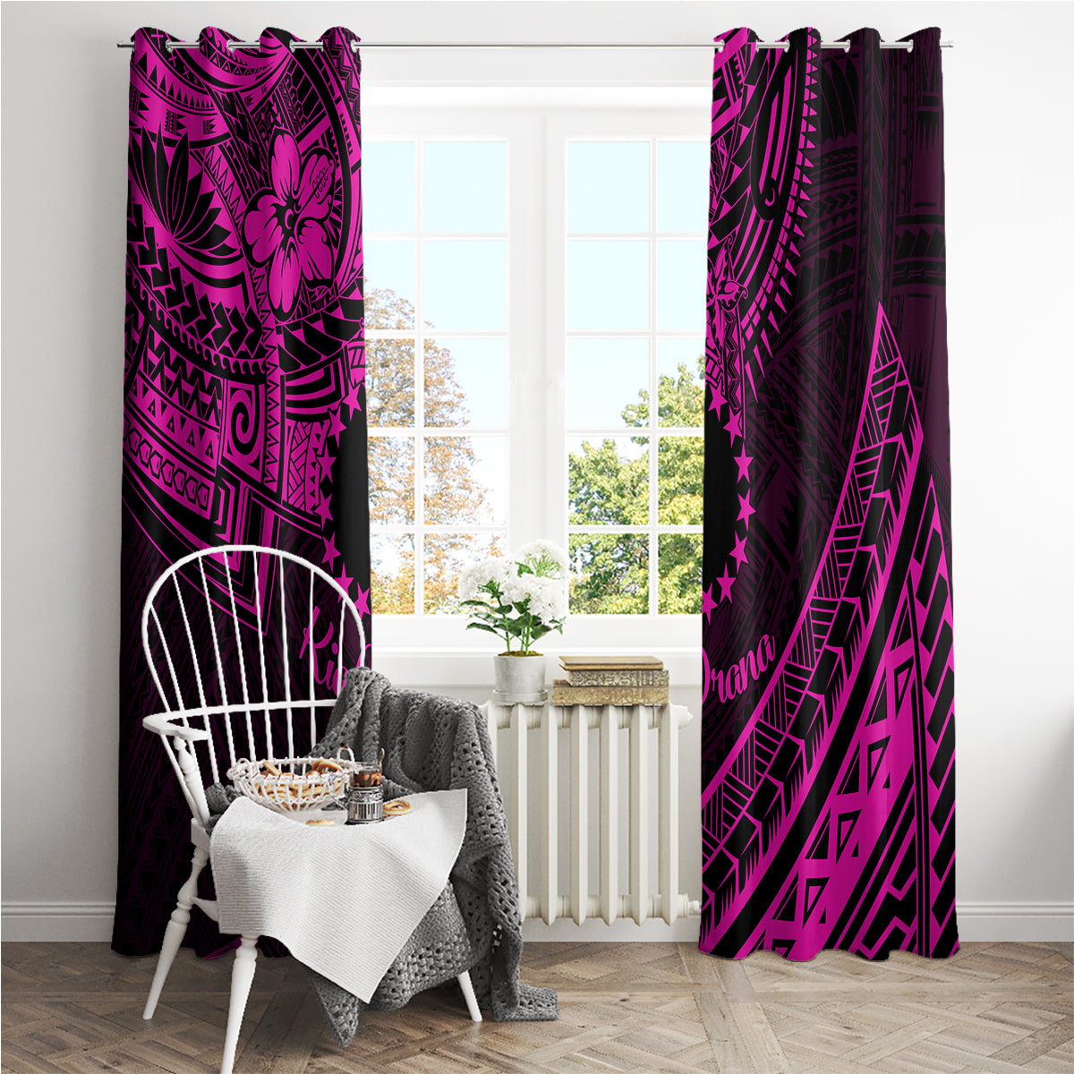 Kia Orana Cook Islands Window Curtain Circle Stars With Floral Pink Pattern LT01 - Polynesian Pride
