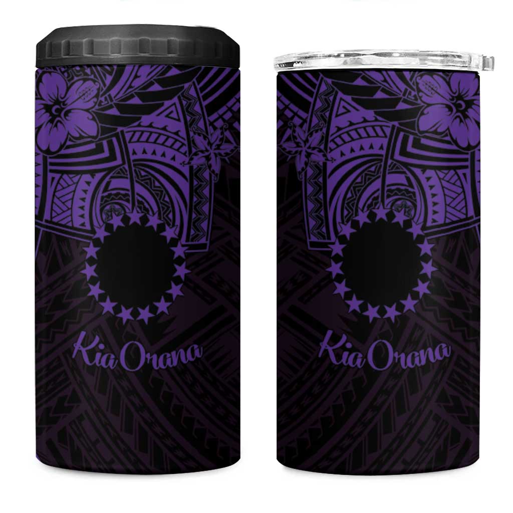 Kia Orana Cook Islands 4 in 1 Can Cooler Tumbler Circle Stars With Floral Purple Pattern