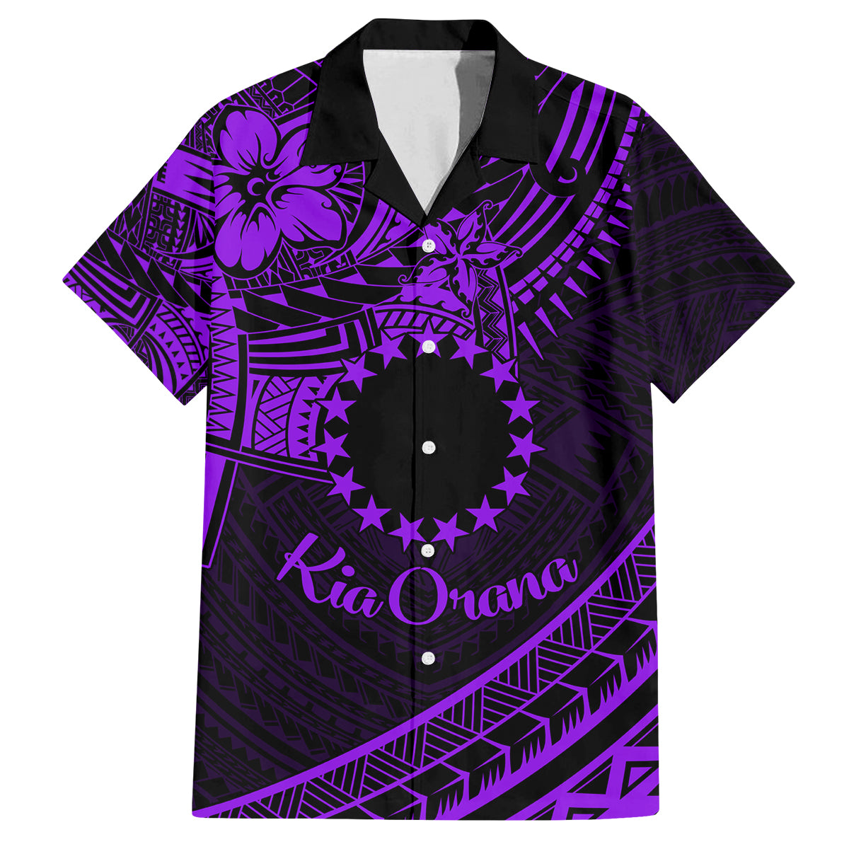 Kia Orana Cook Islands Family Matching Off Shoulder Maxi Dress and Hawaiian Shirt Circle Stars With Floral Purple Pattern LT01 Dad's Shirt - Short Sleeve Purple - Polynesian Pride