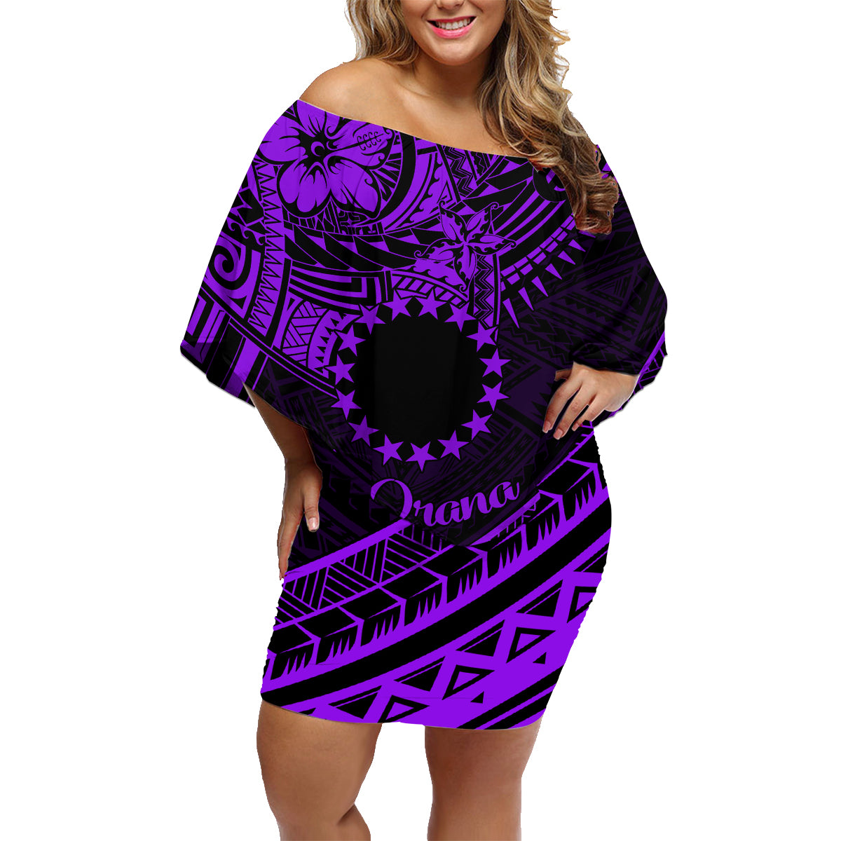 Kia Orana Cook Islands Family Matching Off Shoulder Short Dress and Hawaiian Shirt Circle Stars With Floral Purple Pattern LT01 Mom's Dress Purple - Polynesian Pride