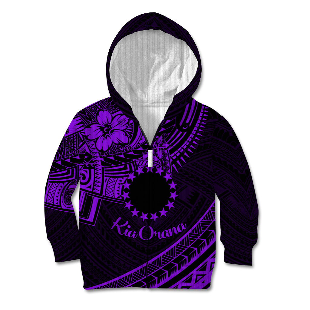 Kia Orana Cook Islands Kid Hoodie Circle Stars With Floral Purple Pattern LT01 Zip Hoodie Purple - Polynesian Pride