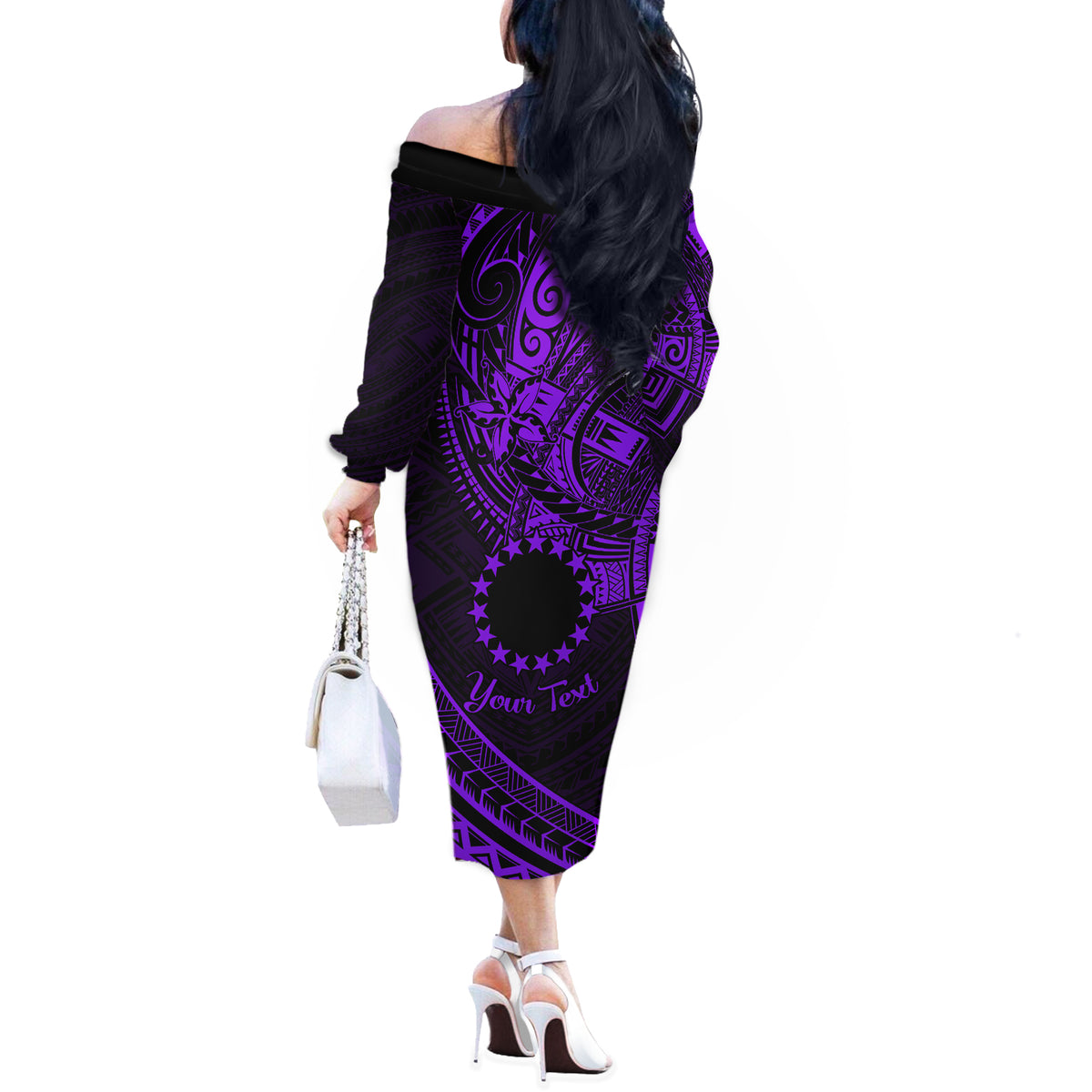 Kia Orana Cook Islands Off The Shoulder Long Sleeve Dress Circle Stars With Floral Purple Pattern LT01 - Polynesian Pride
