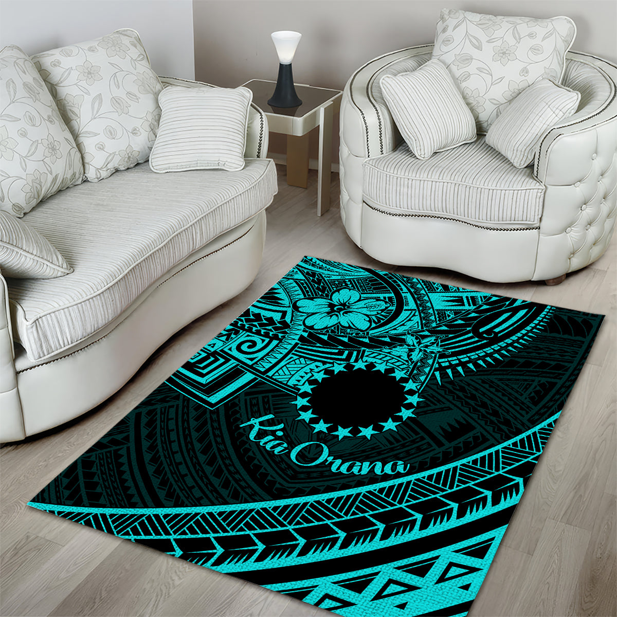 Kia Orana Cook Islands Area Rug Circle Stars With Floral Turquoise Pattern LT01 - Polynesian Pride
