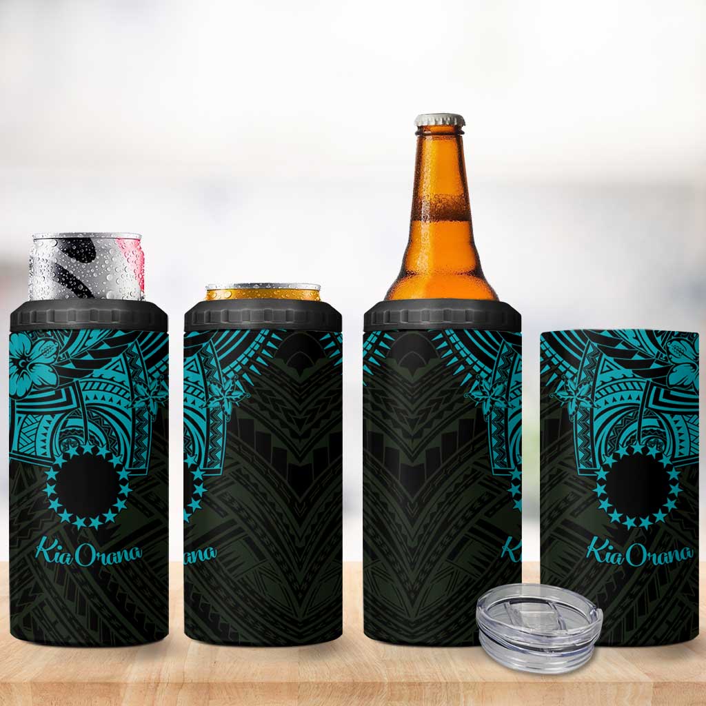 Kia Orana Cook Islands 4 in 1 Can Cooler Tumbler Circle Stars With Floral Turquoise Pattern