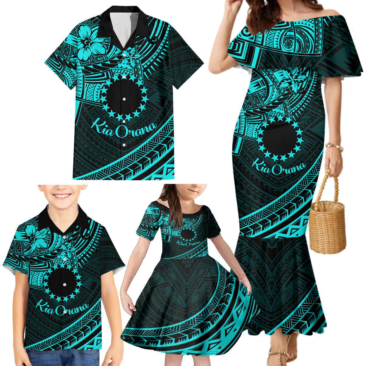 Kia Orana Cook Islands Family Matching Mermaid Dress and Hawaiian Shirt Circle Stars With Floral Turquoise Pattern LT01 - Polynesian Pride