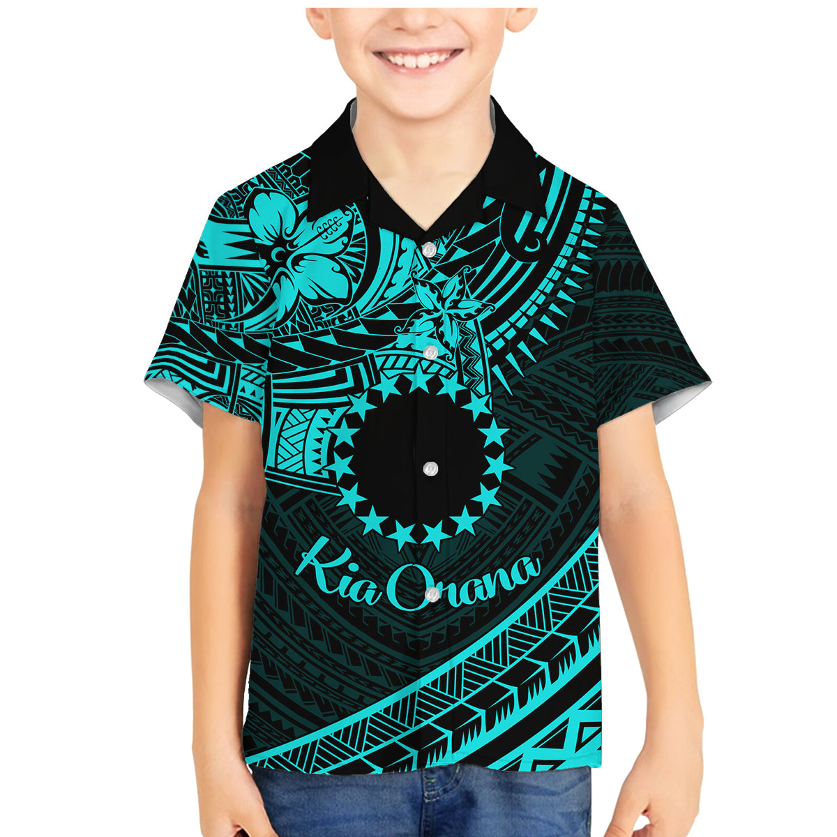 Kia Orana Cook Islands Family Matching Mermaid Dress and Hawaiian Shirt Circle Stars With Floral Turquoise Pattern LT01 Son's Shirt Turquoise - Polynesian Pride