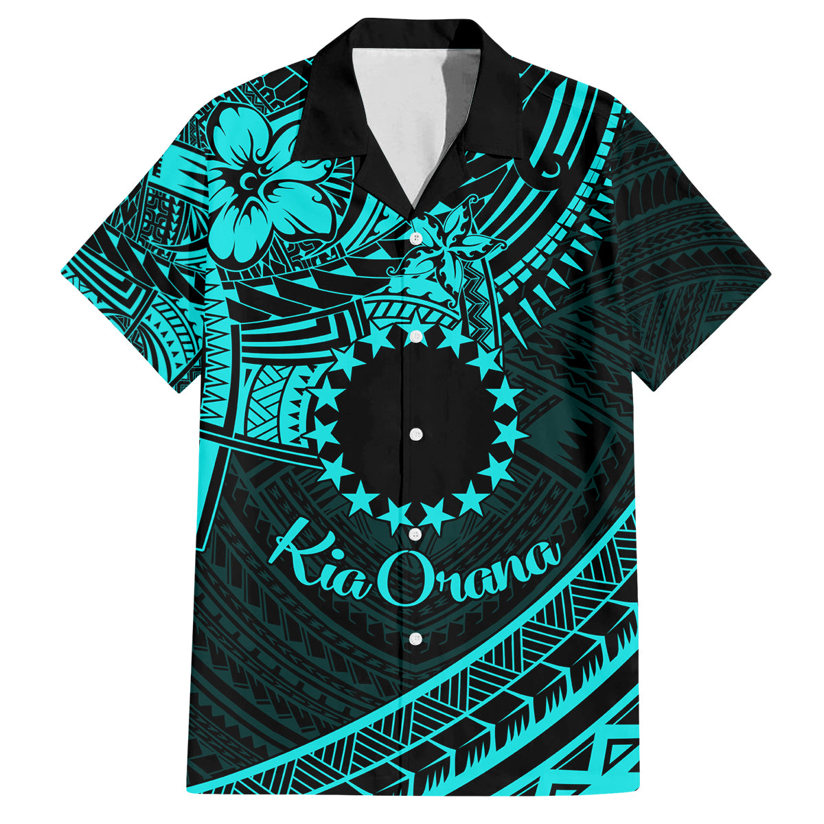Kia Orana Cook Islands Family Matching Off Shoulder Long Sleeve Dress and Hawaiian Shirt Circle Stars With Floral Turquoise Pattern LT01 Dad's Shirt - Short Sleeve Turquoise - Polynesian Pride