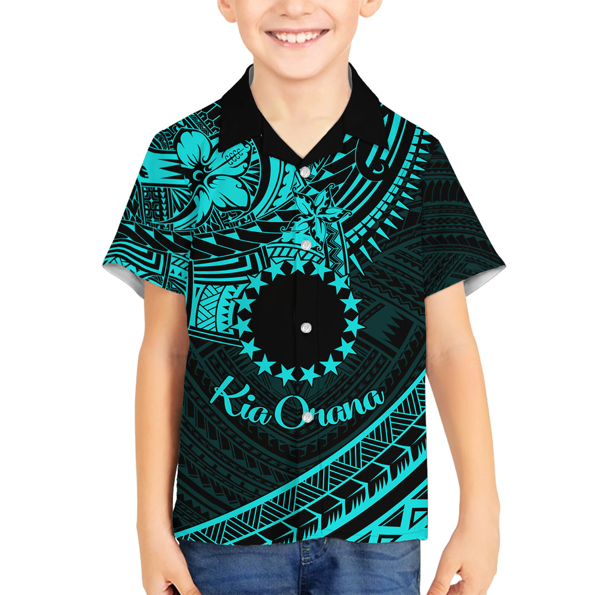 Kia Orana Cook Islands Family Matching Off Shoulder Short Dress and Hawaiian Shirt Circle Stars With Floral Turquoise Pattern LT01 Son's Shirt Turquoise - Polynesian Pride
