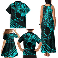 Kia Orana Cook Islands Family Matching Tank Maxi Dress and Hawaiian Shirt Circle Stars With Floral Turquoise Pattern LT01 - Polynesian Pride